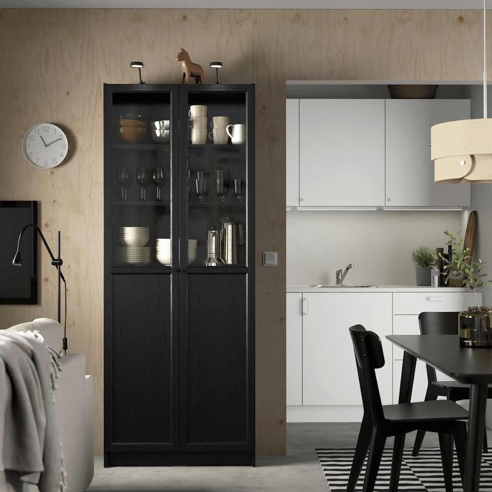 BILLY/OXBERG IKEA Стеллаж/панельные/стеклянные двери, черный, 80x30x202 см