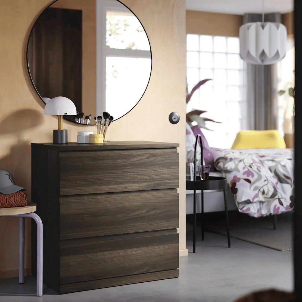 STORKLINTA IKEA Комод с 3 ящиками, темно-коричневый под дуб, 70x50x75 см