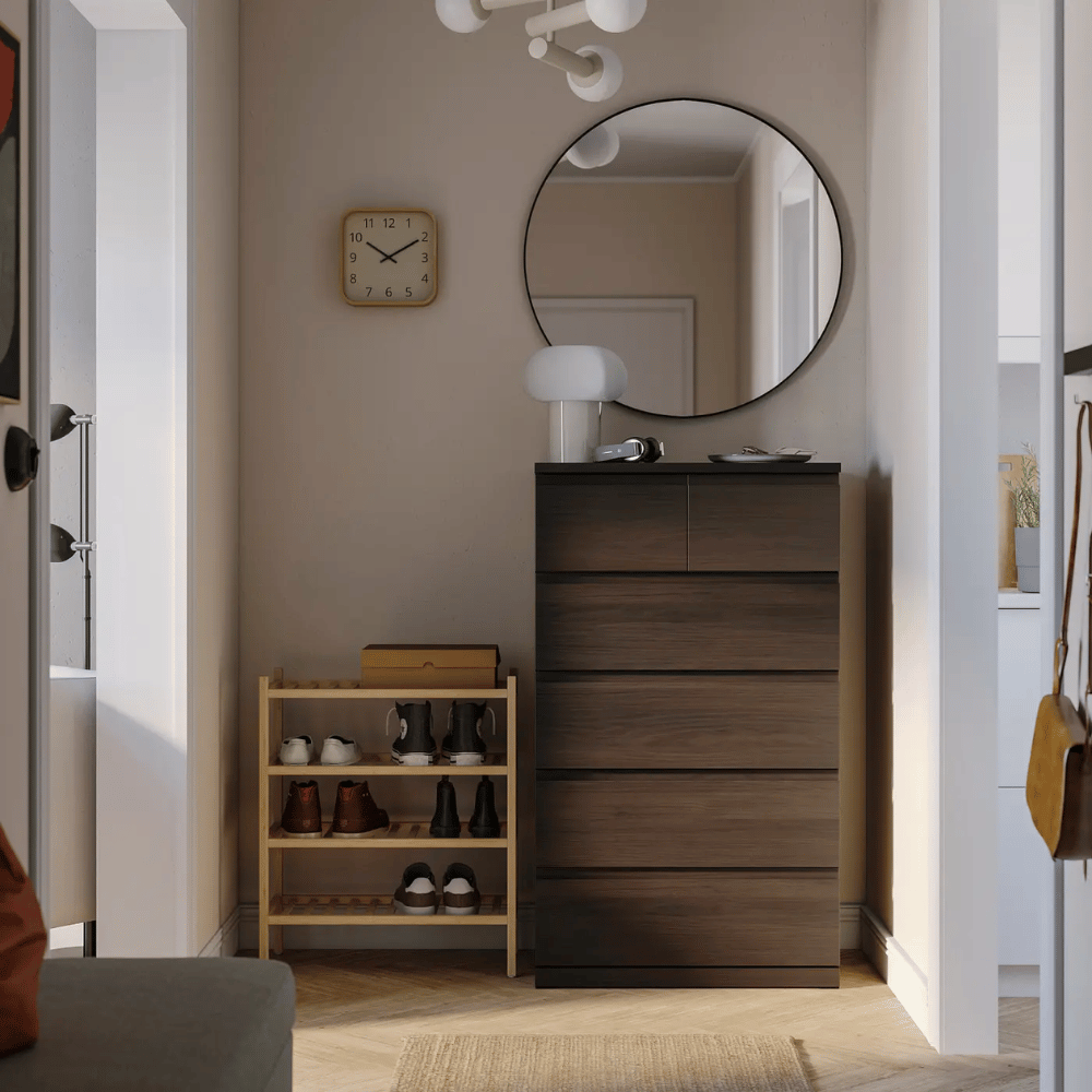 STORKLINTA IKEA Комод с 6 ящиками, темно-коричневый под дуб, 70x50x120 см