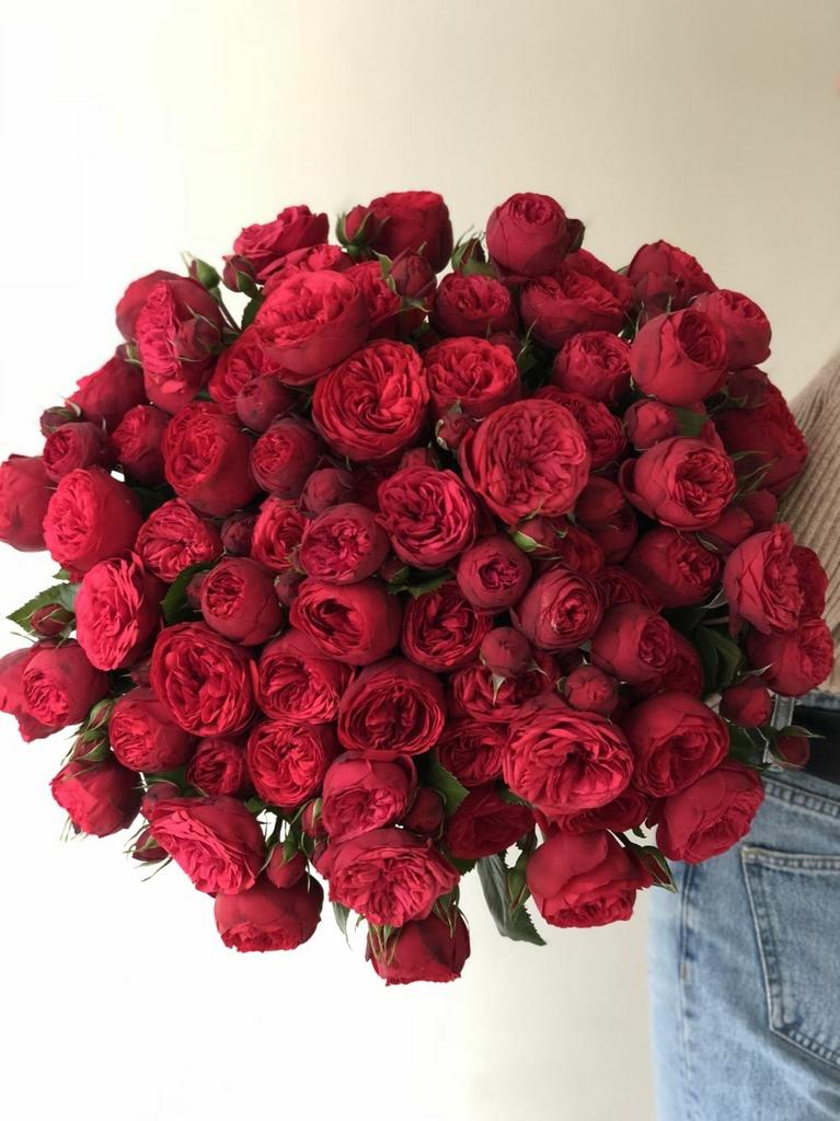 Большой букет красных пионовидных роз