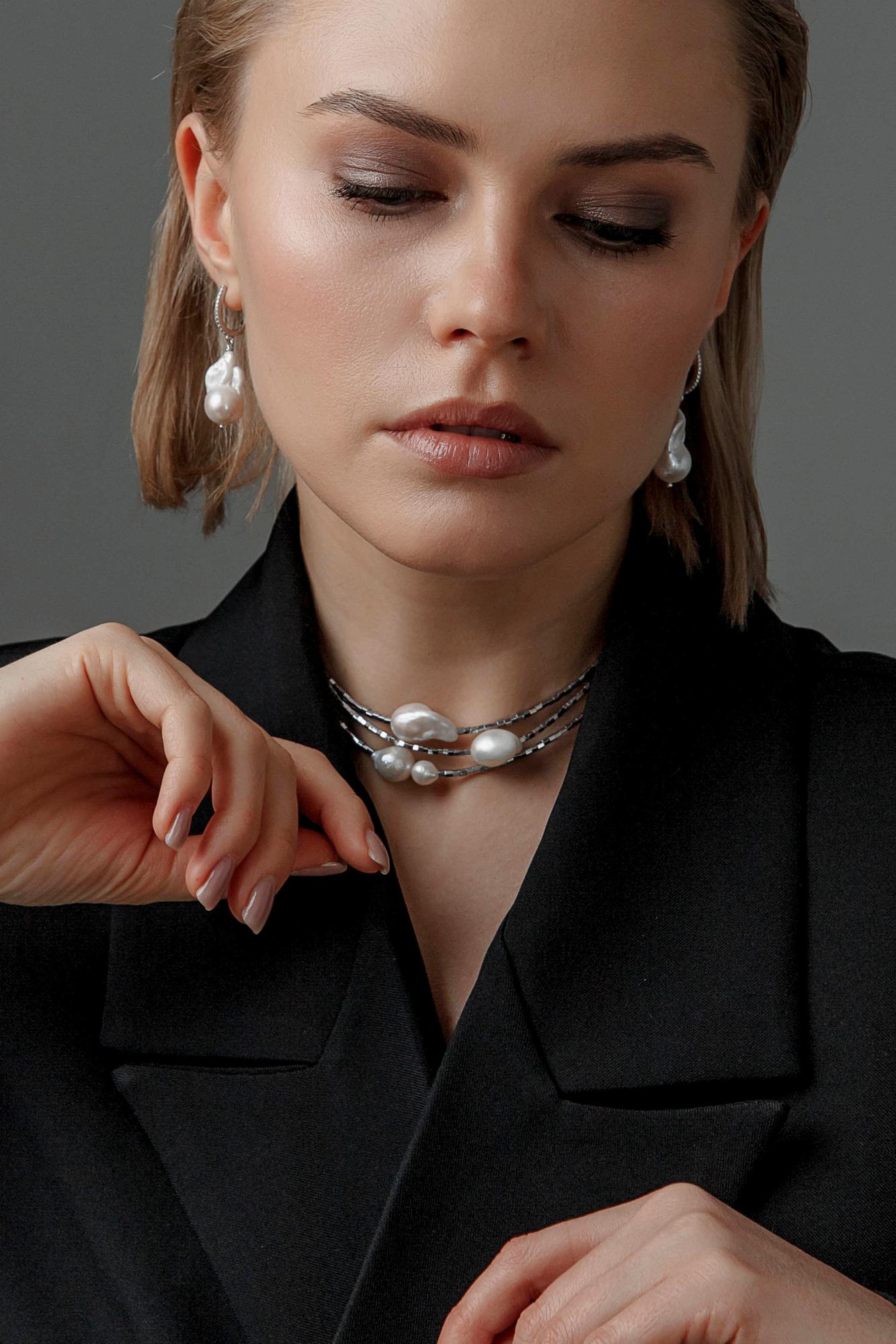 колье из барочного жемчуга, колье с гематитом, вечернее колье из жемчуга, колье ожерелье вечернее купить, ожерелье из гематита, вечерние украшение на шею