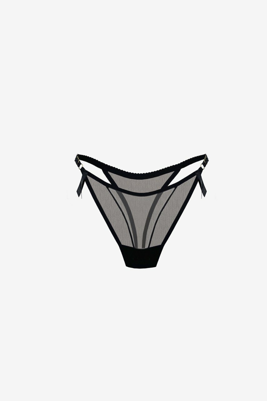Persephona Blair black sheer mesh thong panties with dual hip straps, ribbon accents, and gold ring hardware