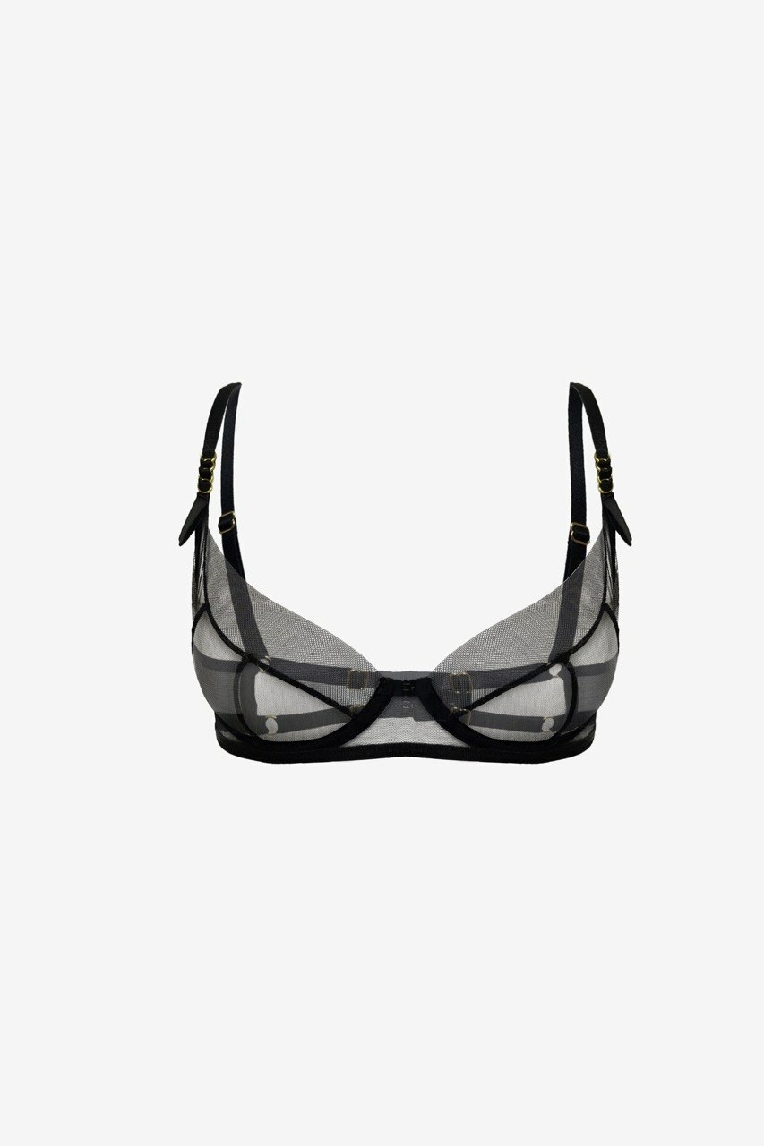 Persephona Blair black sheer mesh underwire bra with elegant ribbon accents and gold ring details on the shoulder straps