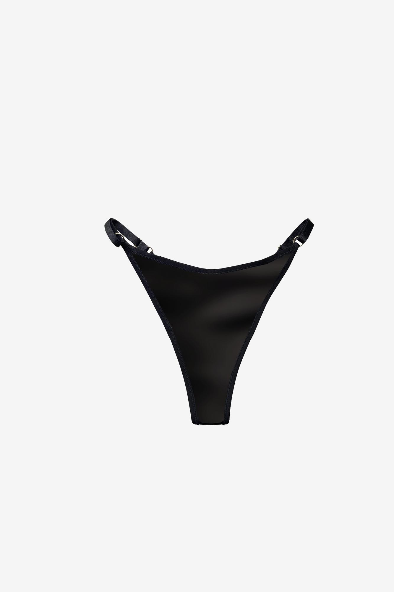 Persephona Treat lingerie black satin thong panties with thin adjustable elastic side straps.