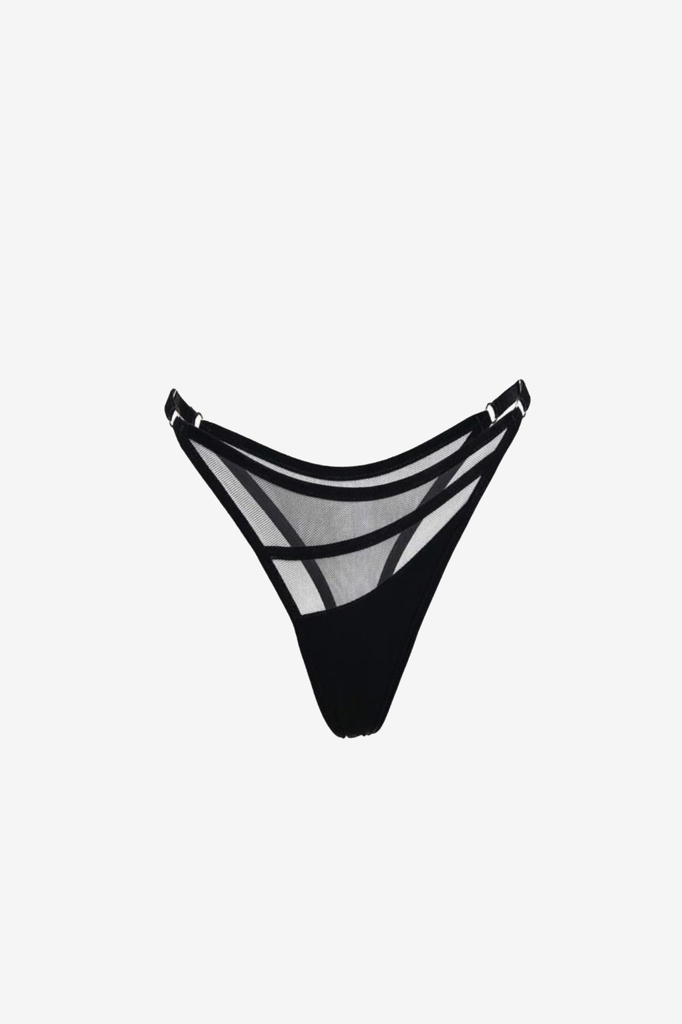 Persephona Gia black sheer mesh thong panties with a graphic strappy design and adjustable sides.