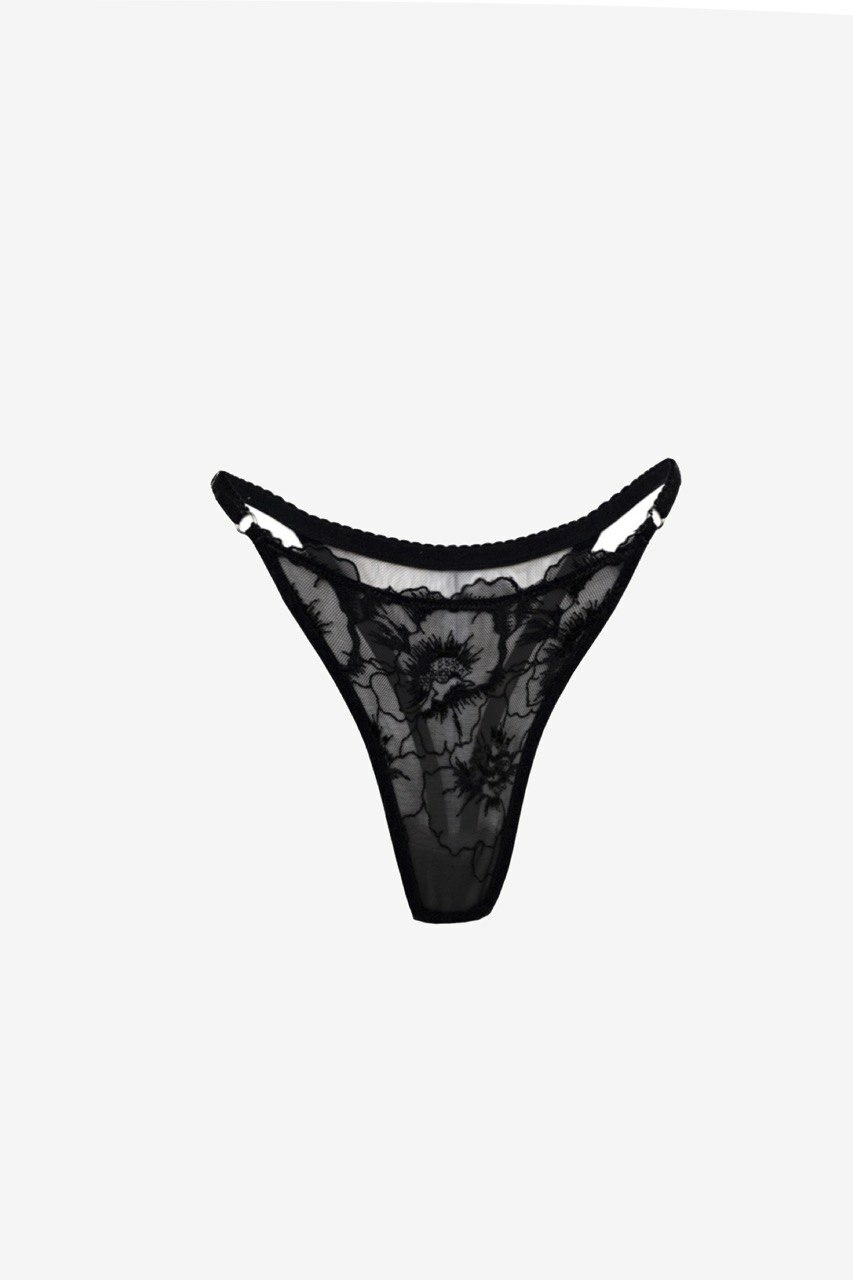 Persephona Late Night In Paris black thong panties with delicate floral embroidery on sheer mesh and adjustable side straps