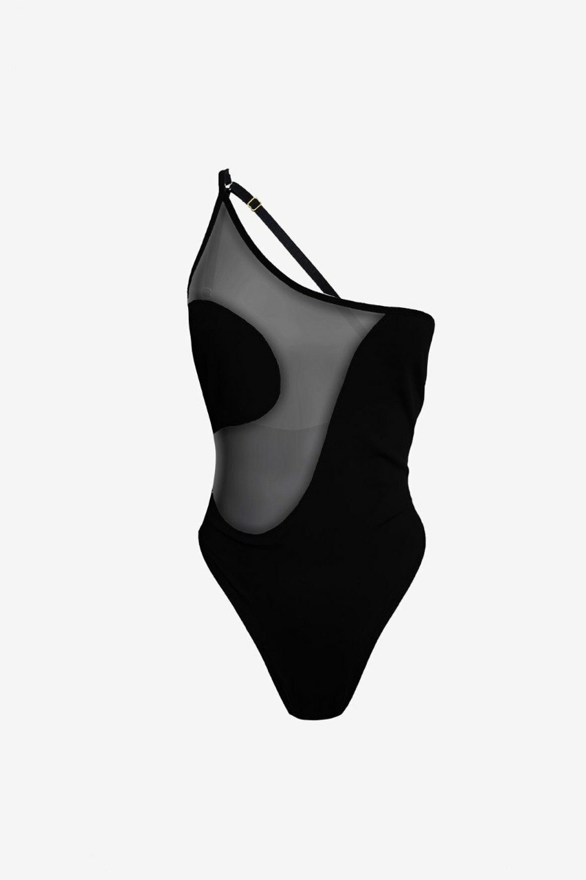 Persephona Soho black one-shoulder one-piece swimsuit with an asymmetric sheer mesh panel