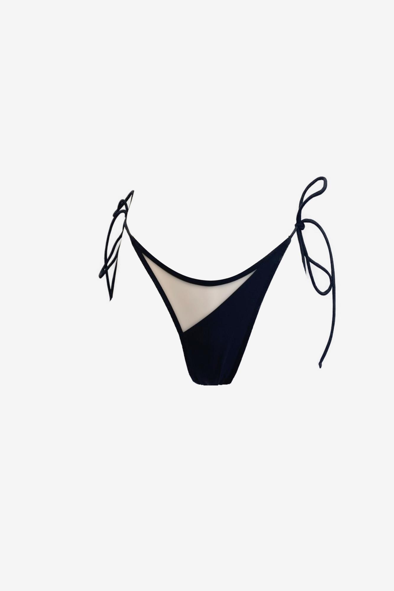 Persephona Outline black tie-side bikini bottoms with a geometric sheer mesh insert made from Italian fabric