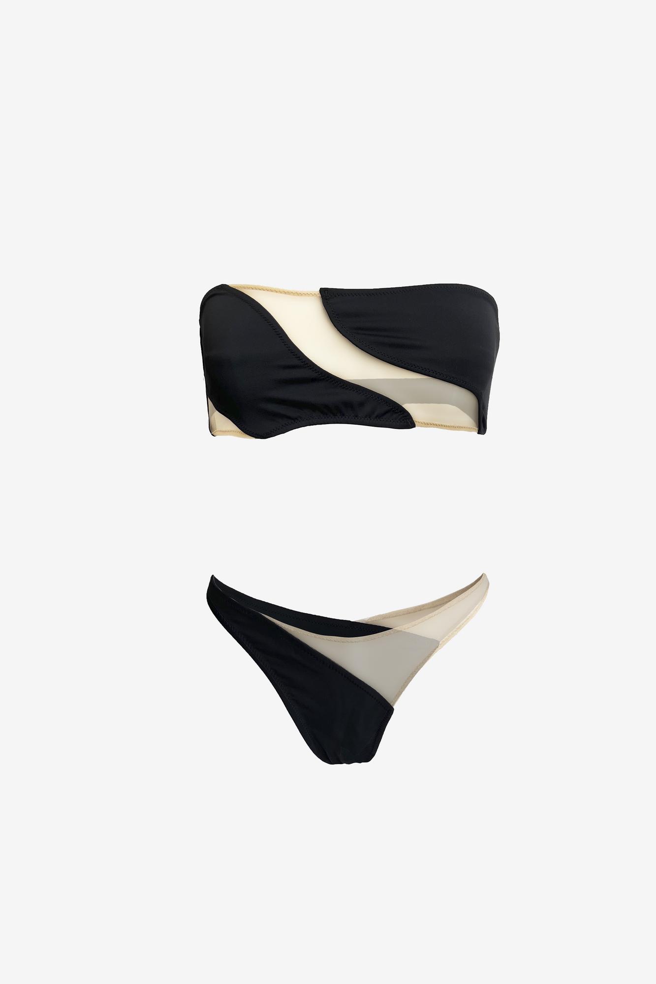 Persephona Outline black high-leg bikini bottoms with asymmetric sheer mesh panels