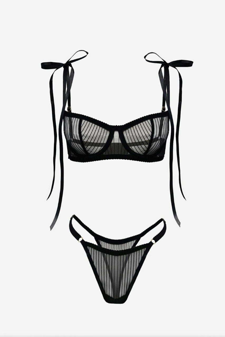 Persephona Sabina black lingerie set featuring a transparent striped mesh underwire bra with detachable ribbon bows and a matching strappy thong.