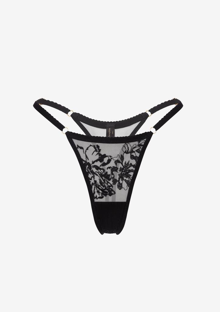 Persephona La Femme black lace thong panties with delicate floral embroidery and adjustable side straps.