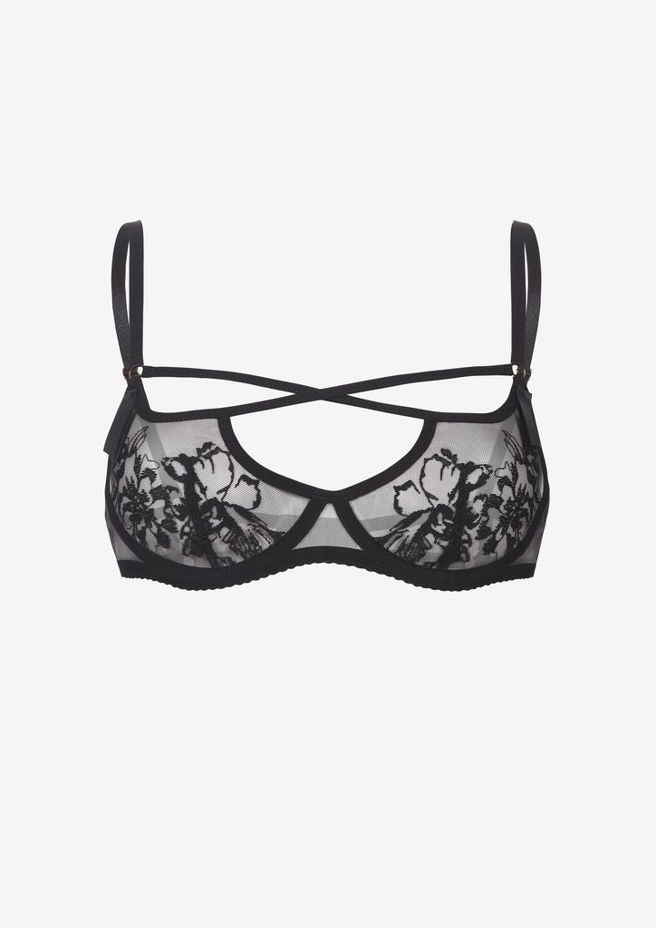 Persephona La Femme black lace underwire bra with an open cutout strappy design across the chest