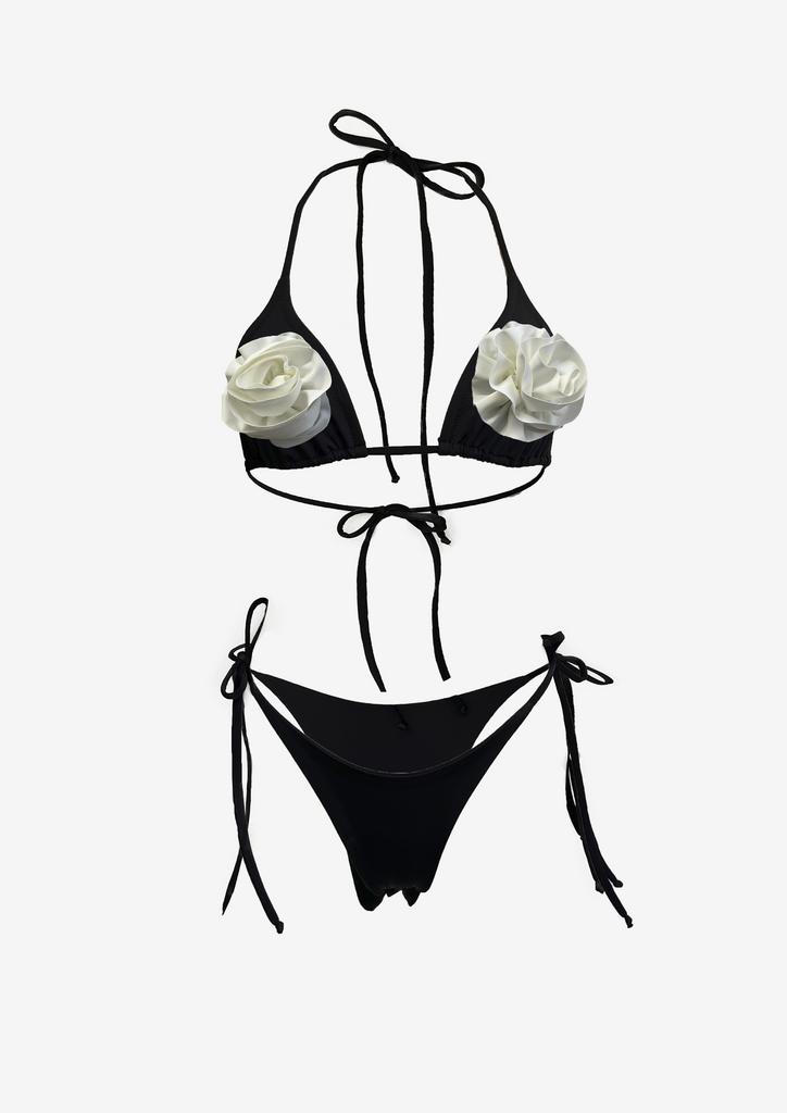 Persephona Rose black two-piece bikini set with 3D ivory fabric roses on a triangle halter top and tie-side bottoms