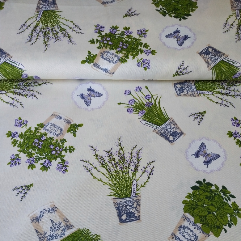 Ткань "Травы Прованса" на бежевом фоне, 100% хлопок