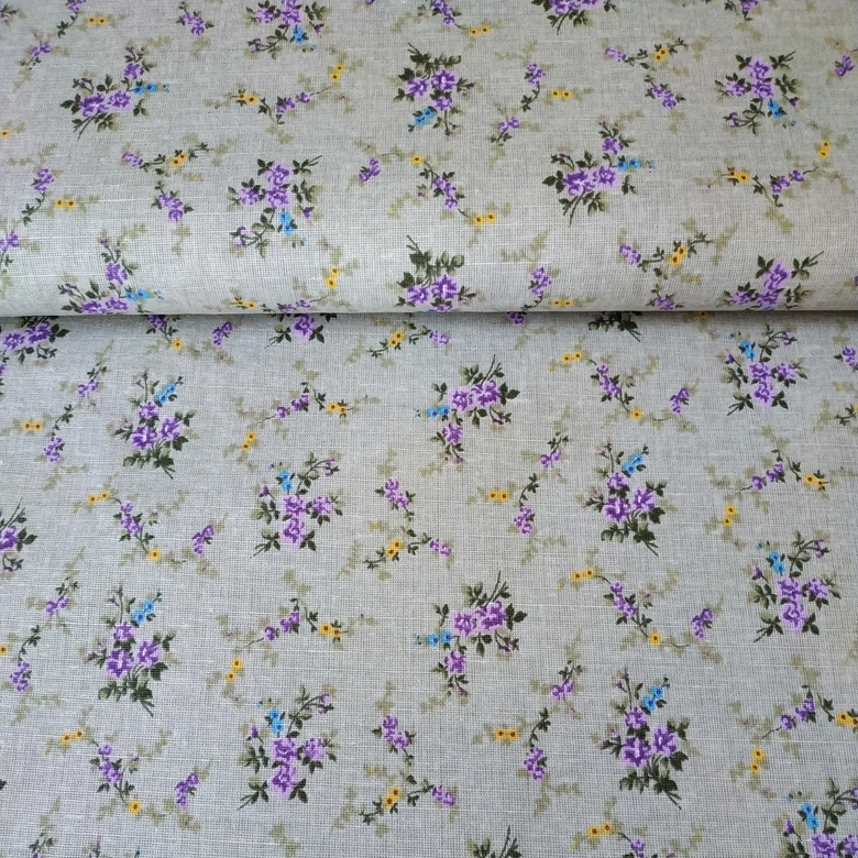 Ткань полулен "Сиреневые букетики" на сером