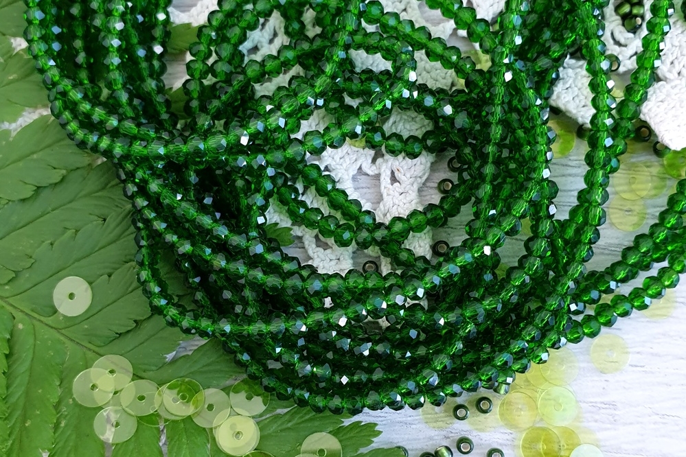 рондели, граненые бусины, зеленый