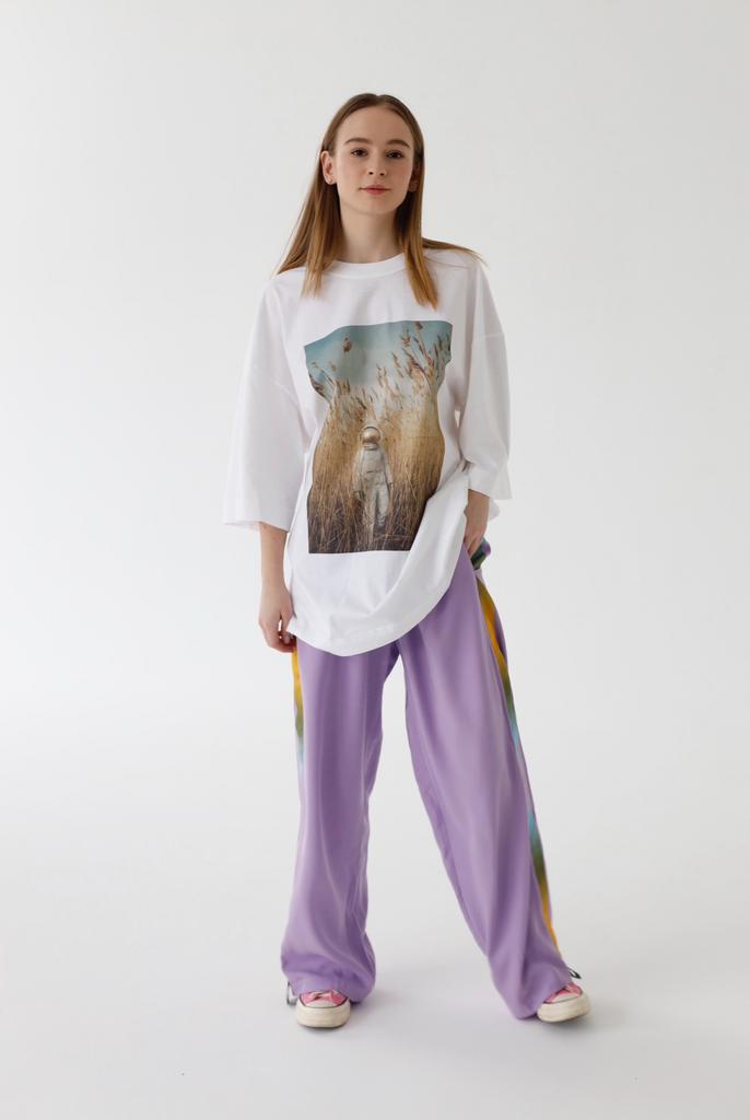 Брюки широкие на резинке с лампасами  "Пижамная вечеринка", сиреневые