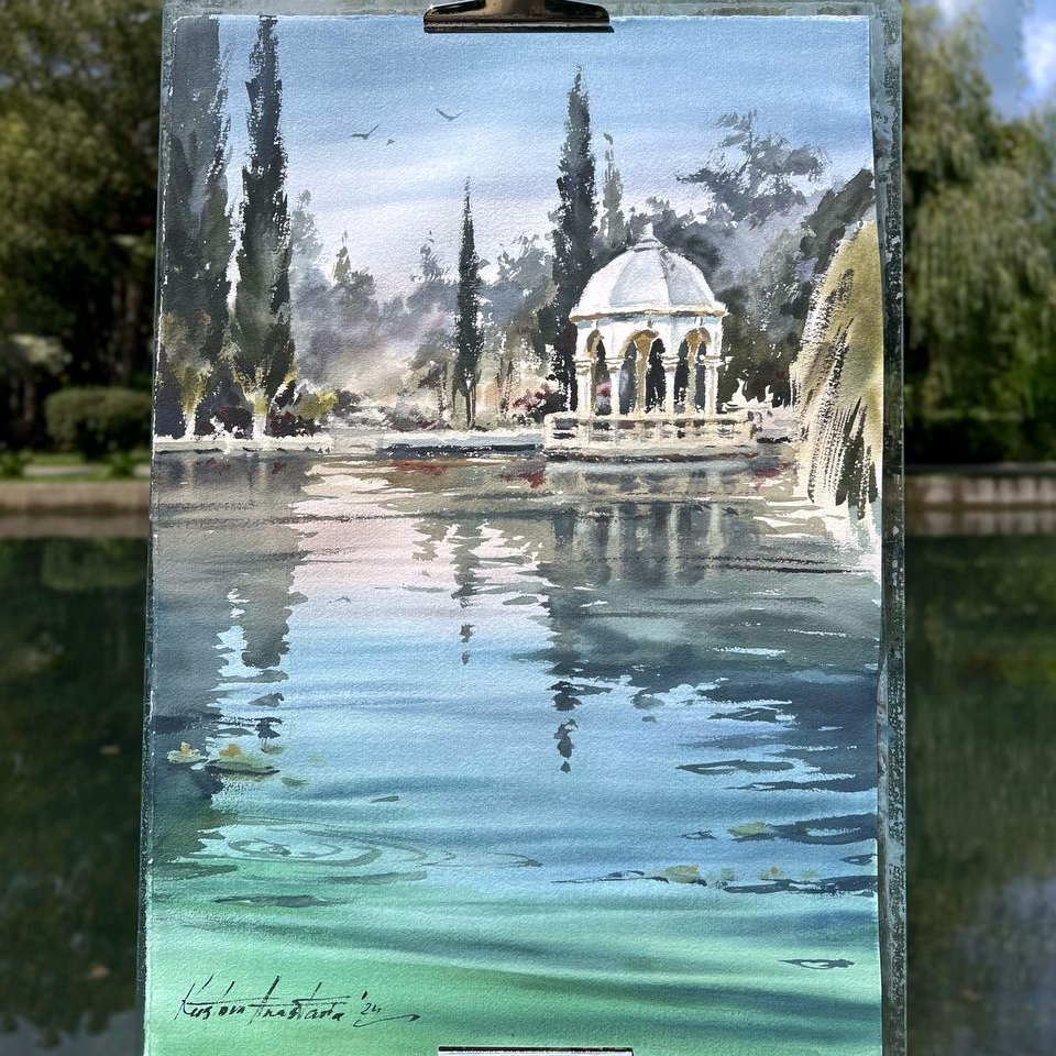 Картина  "Белая беседка на воде"