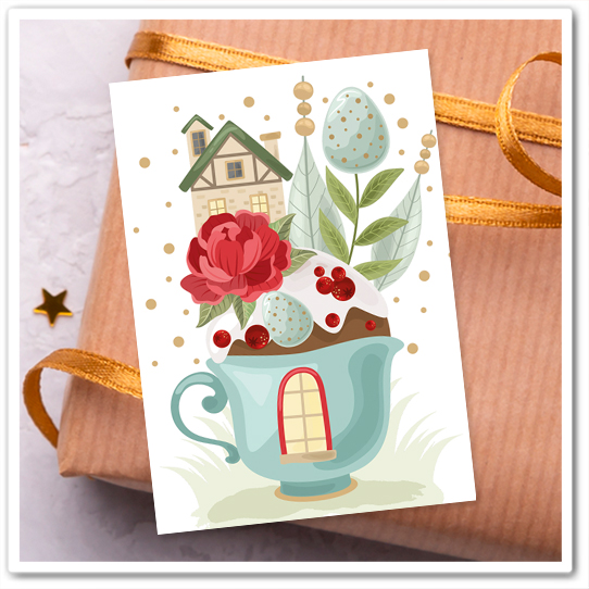 Mini-открытка "Весенний букет в бирюзовой чашке"