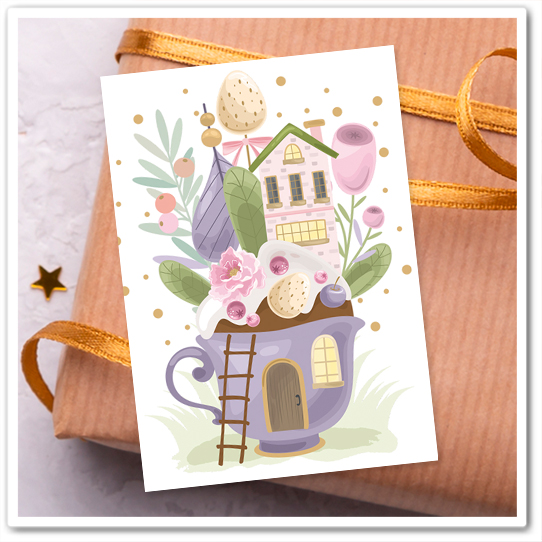 Mini-открытка "Весенний букет в фиолетовой чашке"