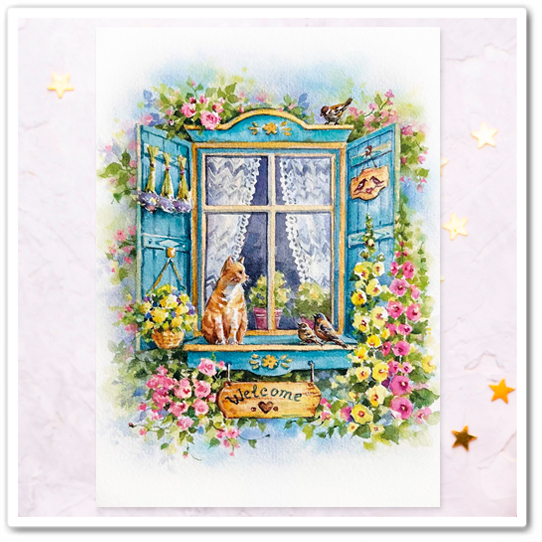 Голубое окошко  в мальвами