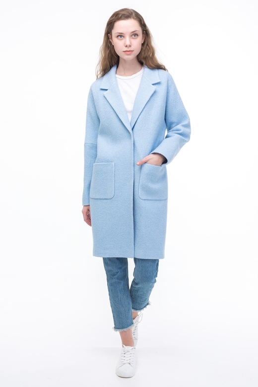 Пальто-кокон голубого цвета, 50% шерсть, 50% вискоза (уценка 75%)
