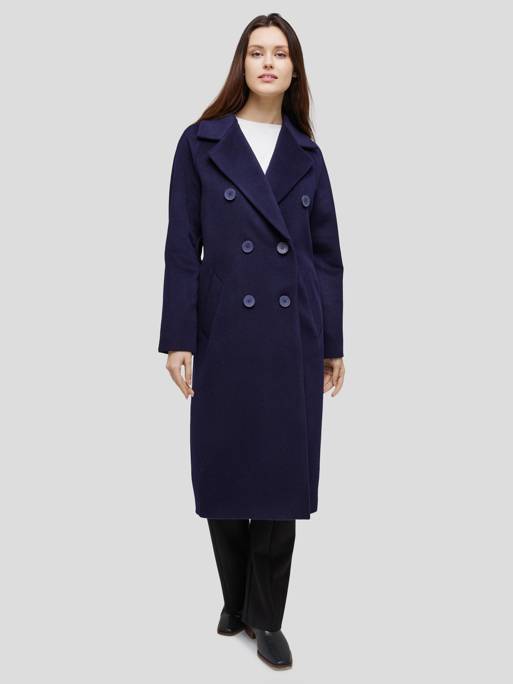 Двубортное пальто темно-синего цвета, 95% шерсть (уценка 75%)