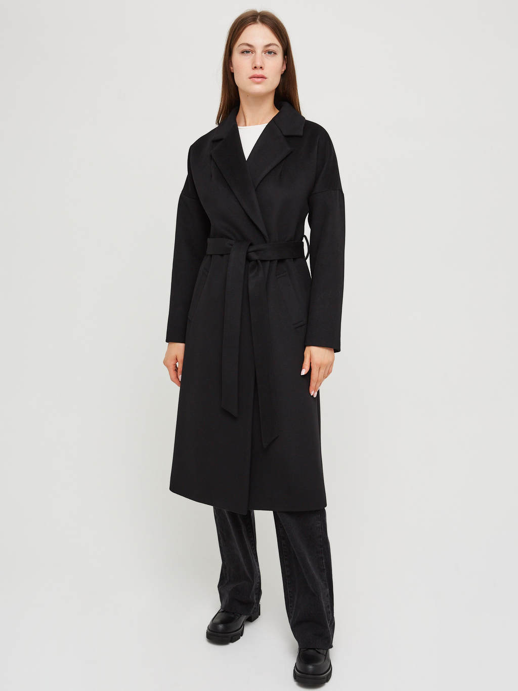 Пальто-халат черное, 60% шерсть