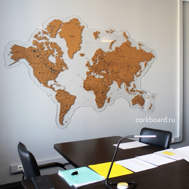 Пробковая карта мира на оргстекле(детализированный контур)