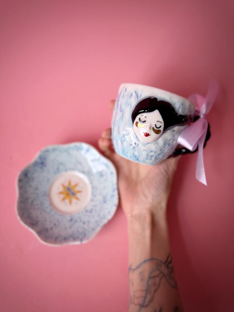 Чашка с блюдцем - Звезда (голубая в крапинку)