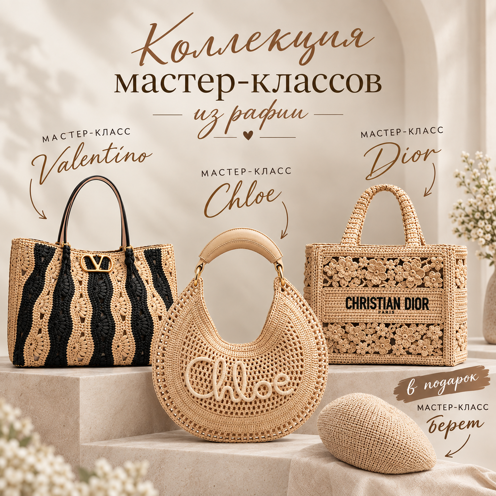 Коллекция мастер-классов из рафии: 3 премиальные сумки + берет