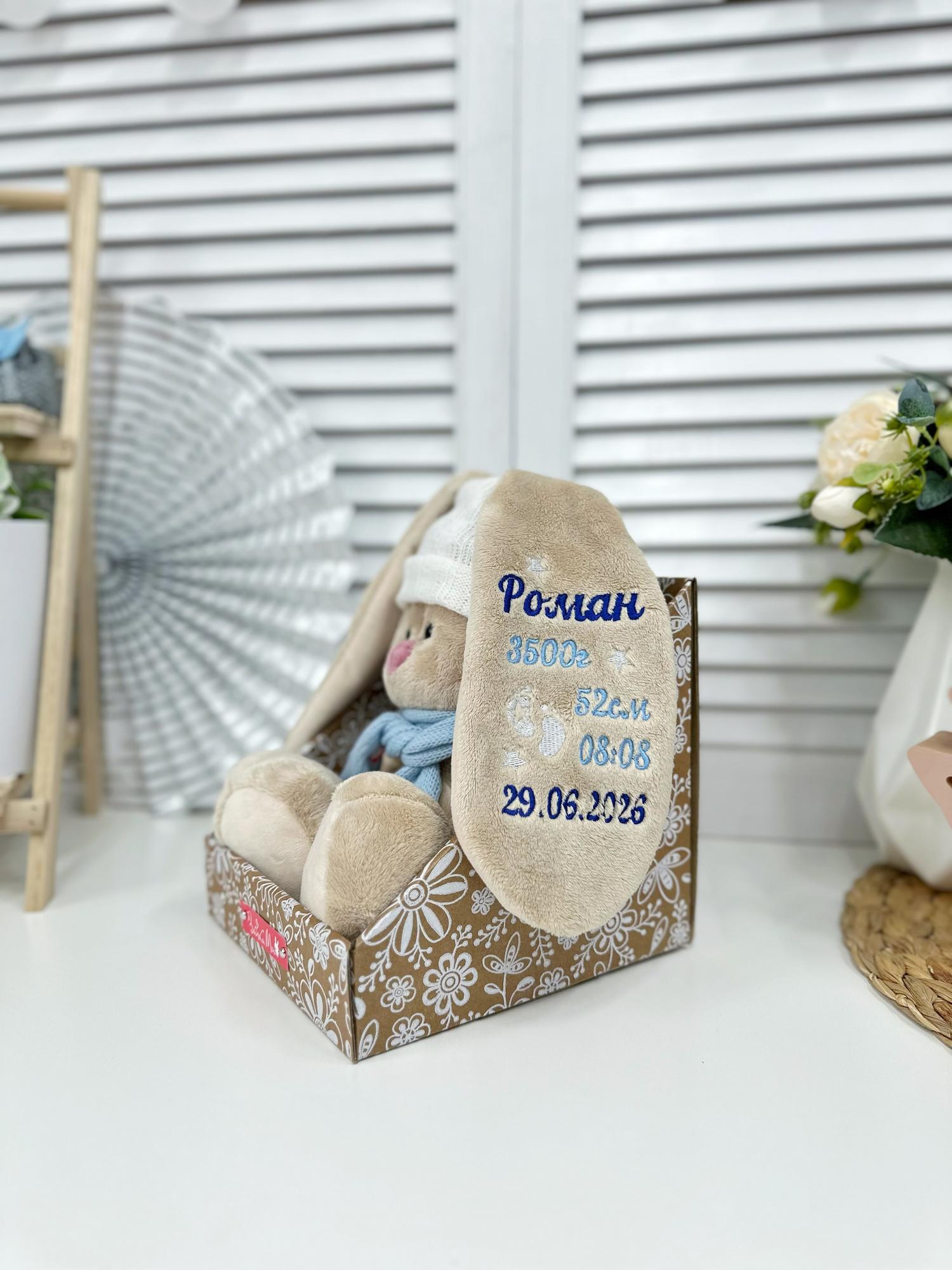 Мягкая именная игрушка с вышивкой имени и метрикой ребенка "Зайка Ми в шапочке"