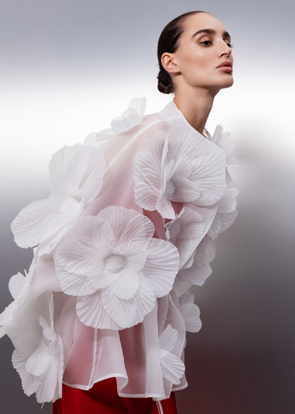 Blouse with peonies, milky