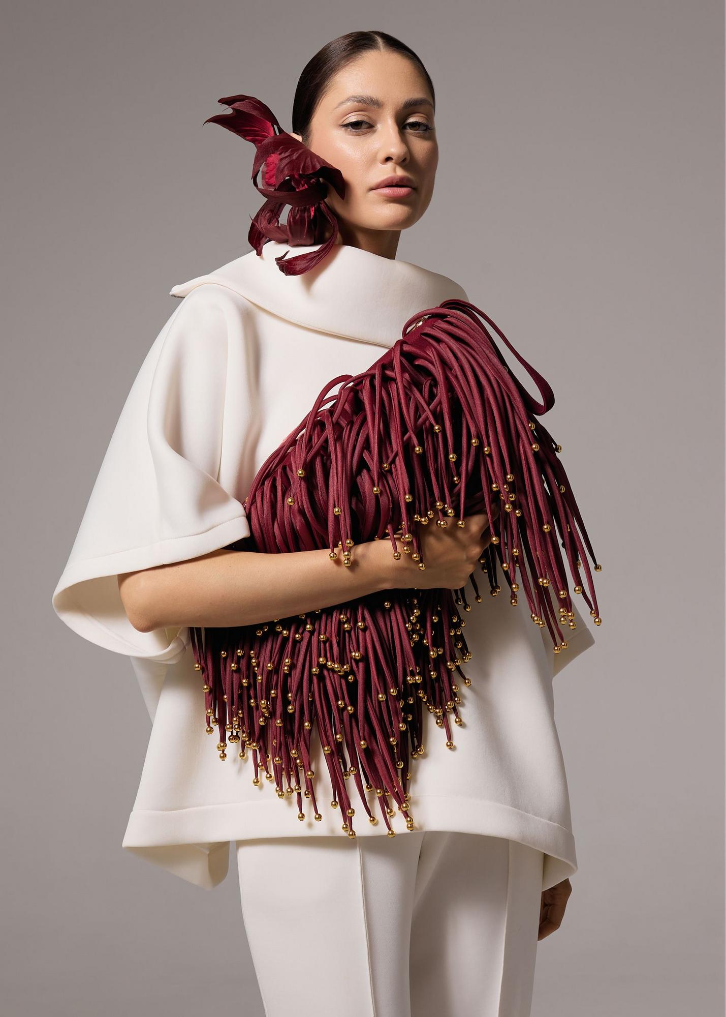 Clutch with beads, burgundy