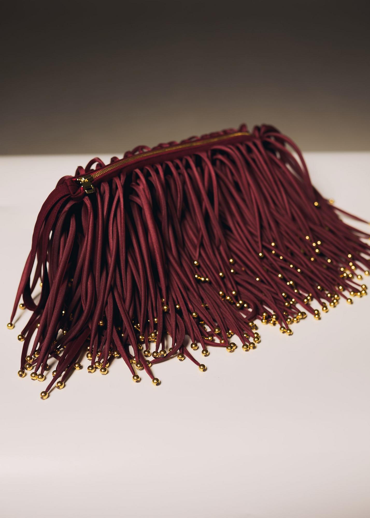 Clutch with beads, burgundy