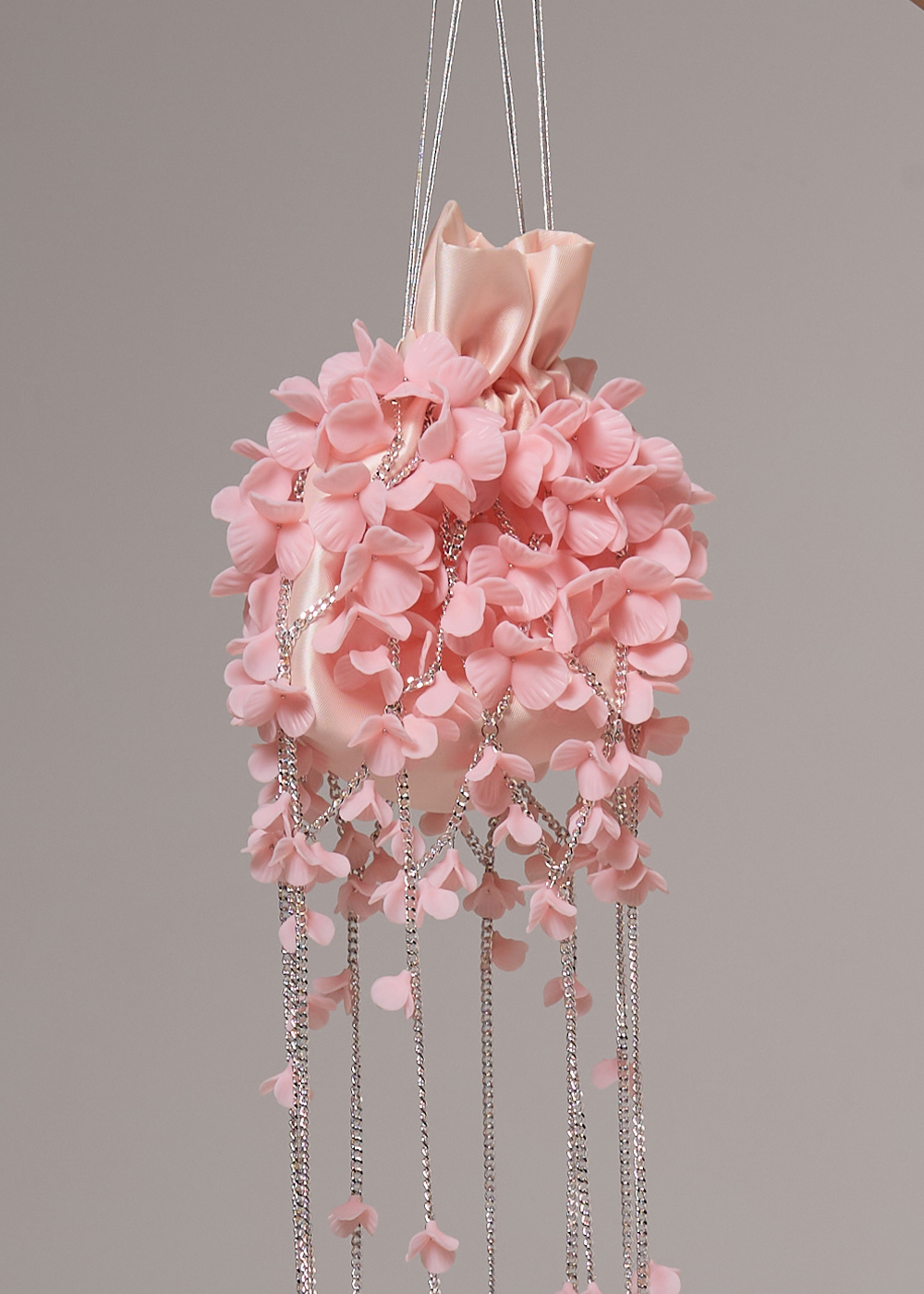 Chain bag with pink flowers, silver