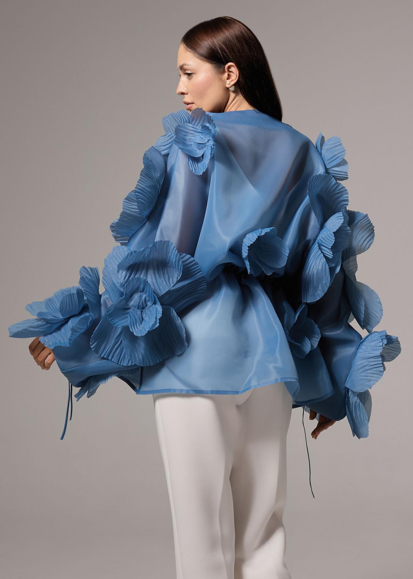 Blouse with peonies, gray-blue