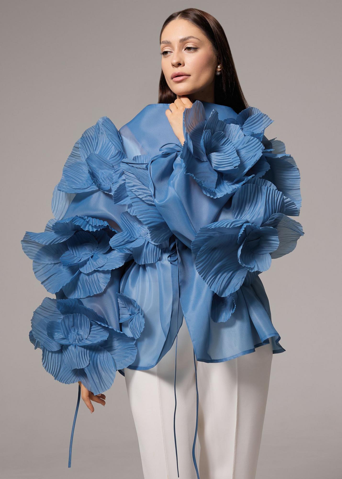 Blouse with peonies, gray-blue