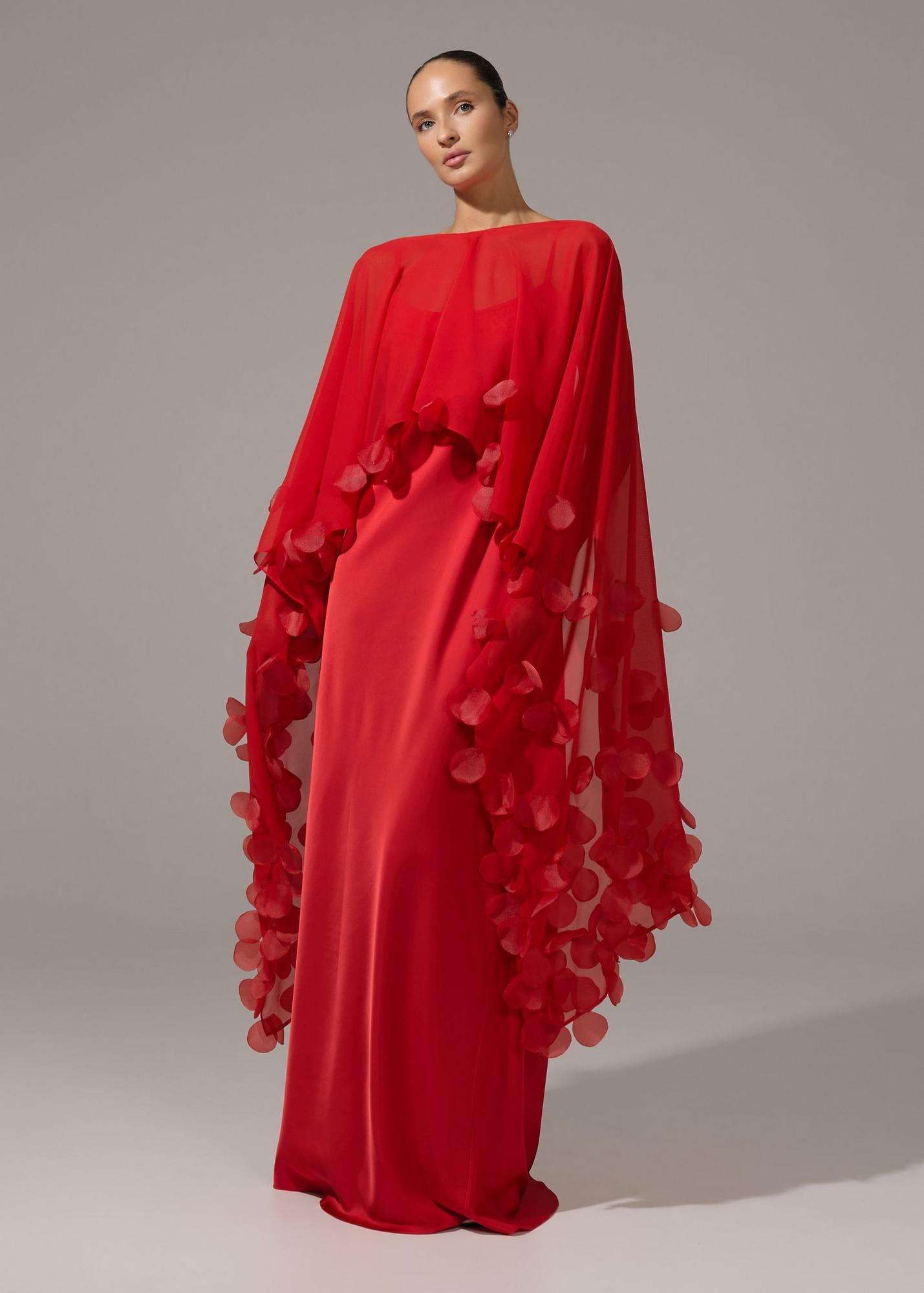 Cape with petals of chiffon, red