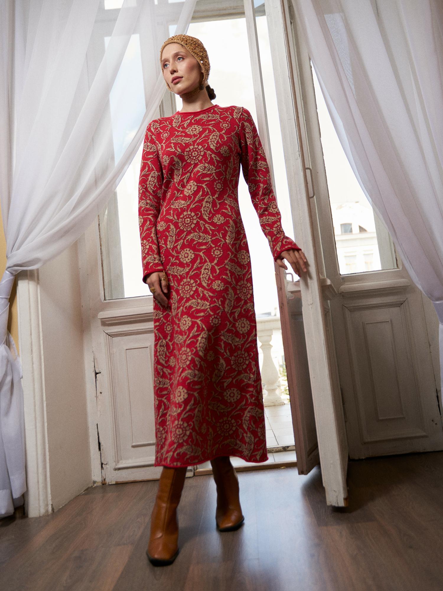 Платье Парча макси красное