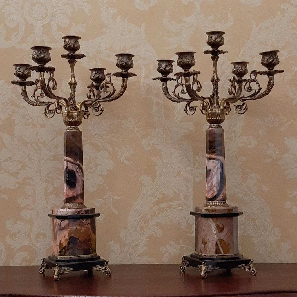 Канделябры (пара) на 5 свечей, яшма, бронза
