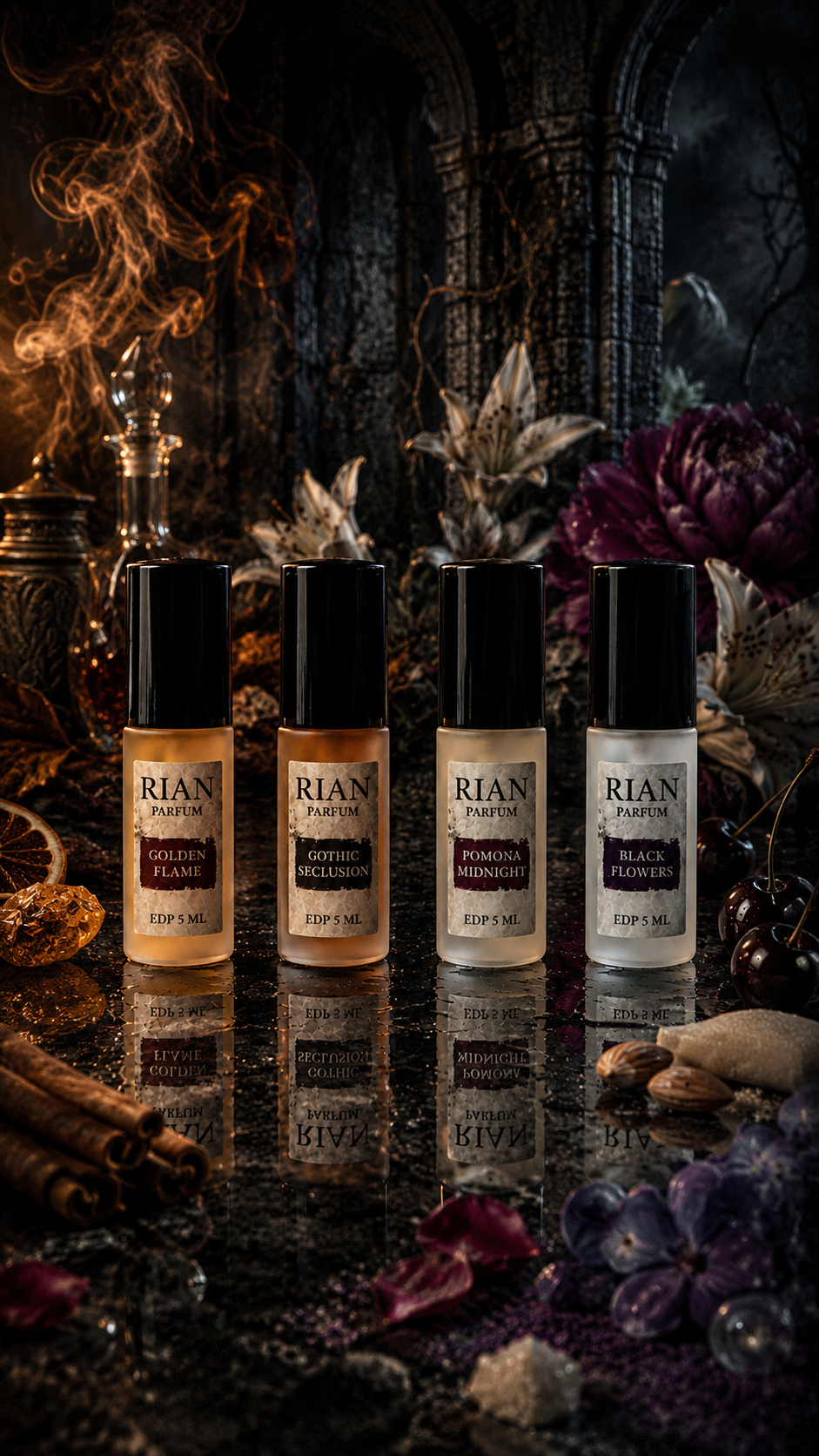 Набор пробников: Gothic Seclusion; Golden Flame; Pomona Midnight; Black Flowers.