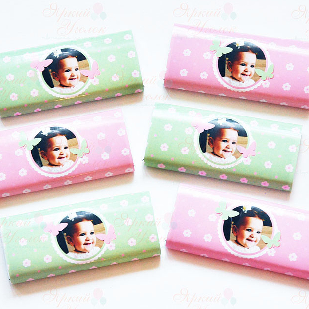 Обертки розовые и салатовые с бабочками и фотографией на шоколад, 60 гр