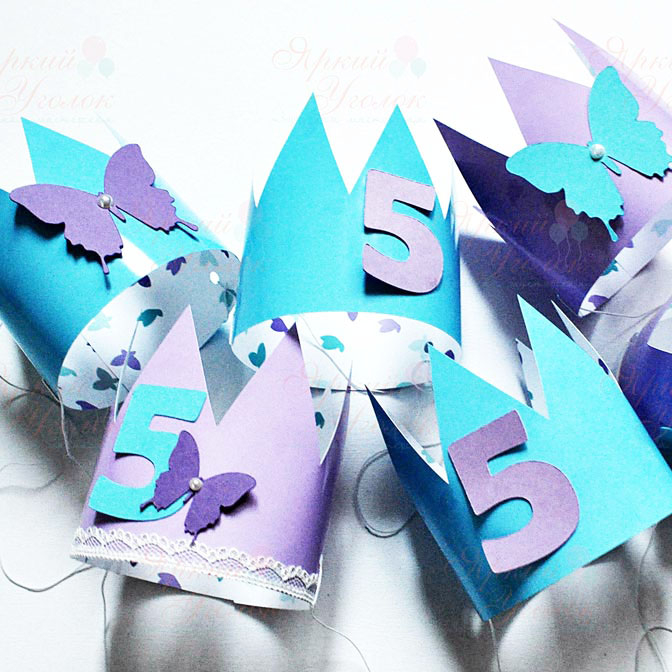 Короны бирюзово-фиолетовые с объемным декором Бабочки