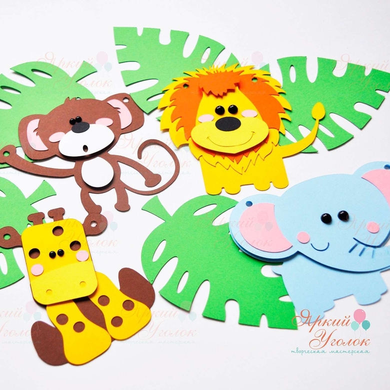 Гирлянда большие фигурки животные и листочки на ленте