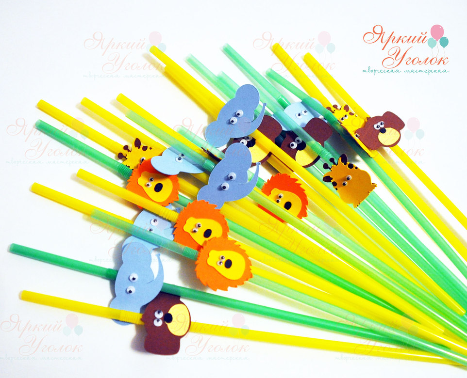Пластиковые яркие трубочки с декором "Животные"