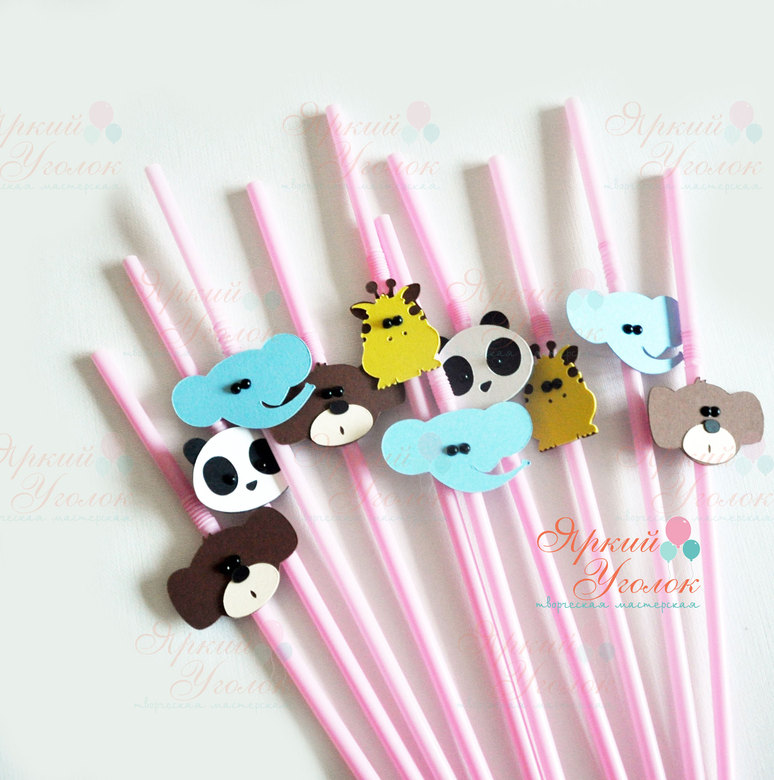 Пластиковые розовые трубочки с декором "Животные"
