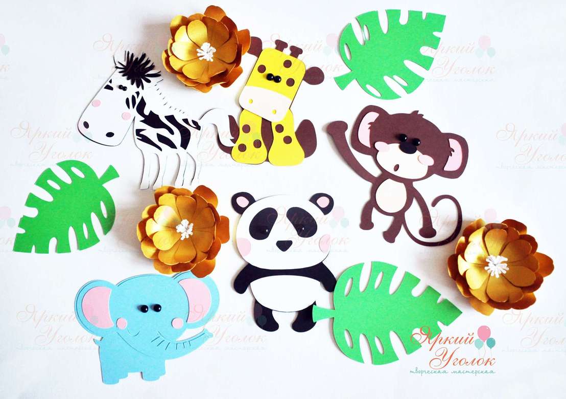 Гирлянда боьшие фигурки животные и листочки, объемные цветы на ленте