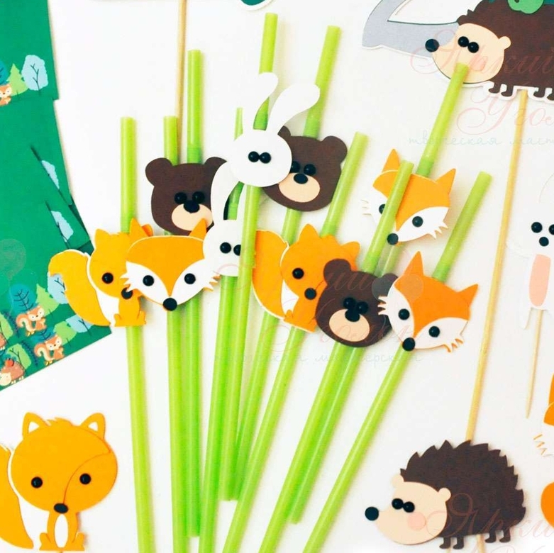 Пластиковые трубочки с декором "Лесные животные"