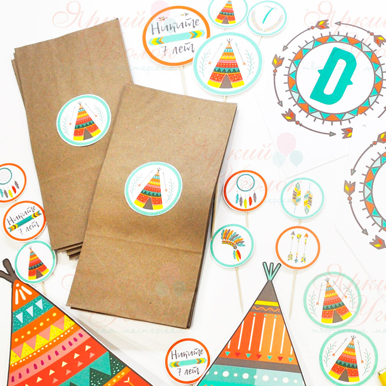 Крафт пакеты с наклейками Бохо (без ручек, средние)